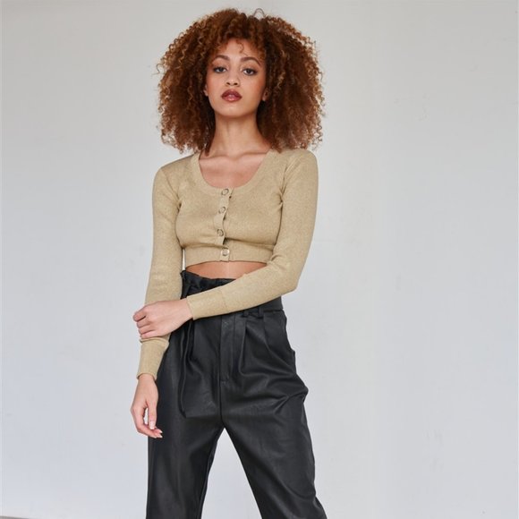 Sparkly Metallic Gold Long Sleeve Crop Cardigan Sweater Top - Picture 3 of 3